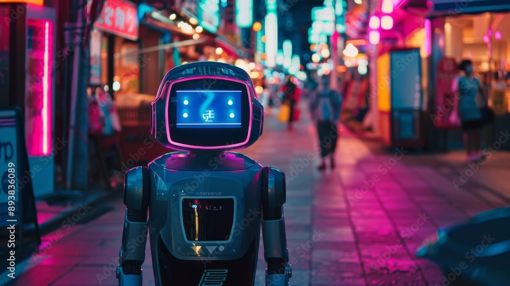Advanced robot assistant in a neon-lit city Advanced robot assistant in a neon-lit city