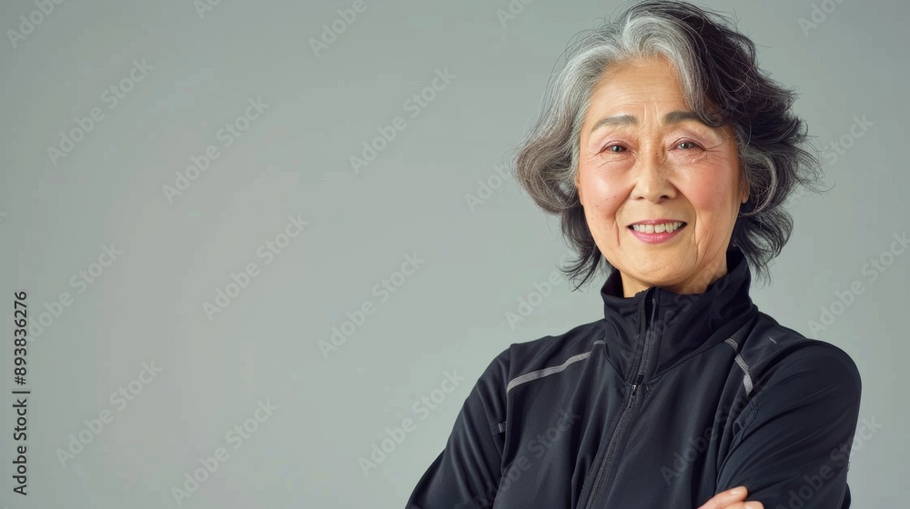 Portrait of a Fit and Smiling Elderly Japanese Woman in Sportswear, Embracing Healthy Aging and Active Lifestyle Portrait of a Fit and Smiling Elderly Japanese Woman in Sportswear, Embracing Healthy Aging and Active Lifestyle