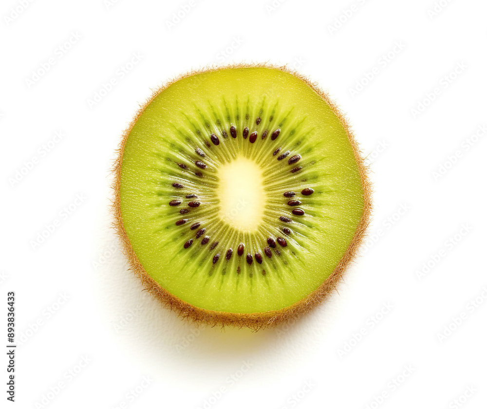 A close-up photo of a kiwi slice, isolated on a white background with no shadows, in a top view. A close-up photo of a kiwi slice, isolated on a white background with no shadows, in a top view.