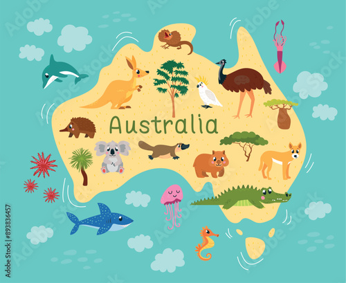 Australian animals map. Australia fauna, ocean and wild animal and birds. Children poster with continent, mammals and underwater life, classy vector design