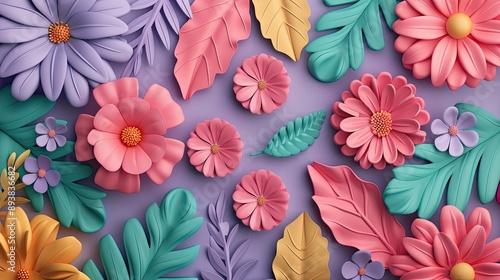 Bold 3D flowers and leaves in vibrant colors, creating a striking abstract background