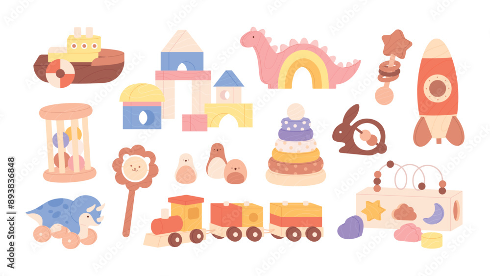 Fototapeta premium Cartoon wooden toys. Isolated vintage wood toy, cubes dino spaceship train. Preschool children education games, kindergarten racy vector elements