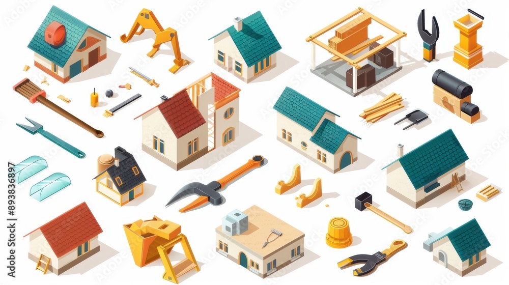 construction isometric style symbol set design remodeling working repairing theme generated-ai construction isometric style symbol set design remodeling working repairing theme generated-ai