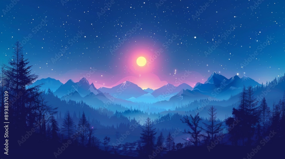 Fototapeta premium A Silhouetted Forest Stands Against a Sky Filled With Stars and a Rising Moon