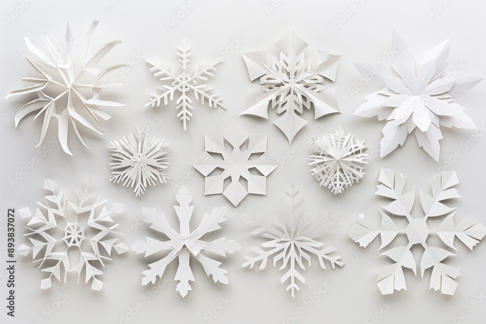 A white background with various cut paper snowflakes, arranged in an artistic pattern Generative AI A white background with various cut paper snowflakes, arranged in an artistic pattern Generative AI