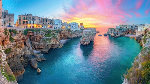 spectacular spring cityscape of polignano a mare town puglia region italy europe colorful evening seascape of adriatic sea traveling concept background photo