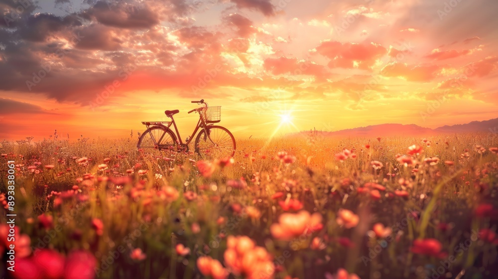 Naklejka premium Sunset Bicycle in Flower Field