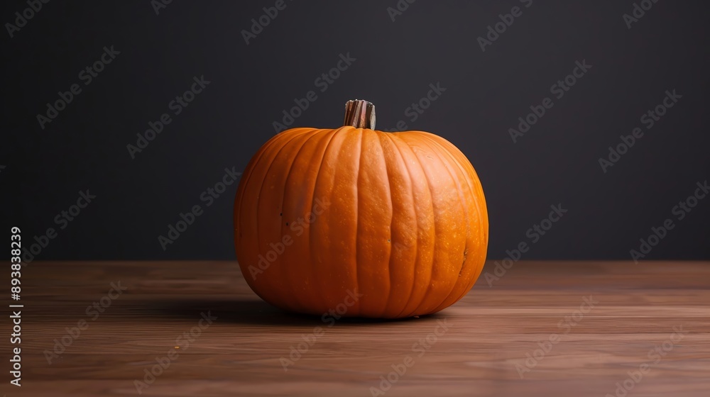 A single orange pumpkin sits on a wooden table against a dark background. A single orange pumpkin sits on a wooden table against a dark background.