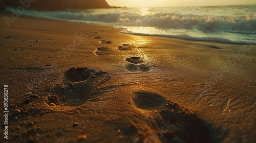 Traces of Memories A close-up shot of footprints etched in the sandy beach, showcasing memories and wanderlust , beach photo