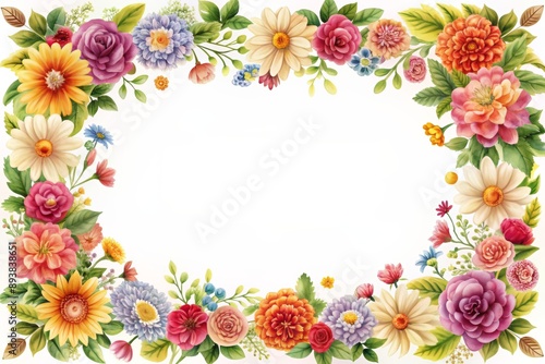 Elegant, colorful floral border frame on a pristine white background, ideal for luxurious Mother's Day, wedding, or congratulatory occasion invitations.