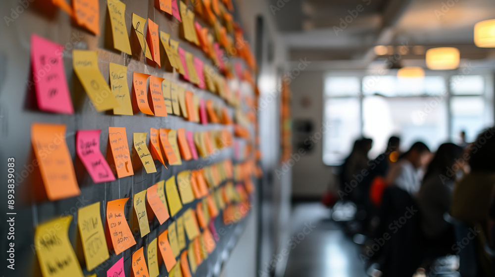 Obraz premium Colorful sticky notes covering office wall showcase brainstorming session in modern workspace. Concept of creativity, collaboration, and idea generation.
