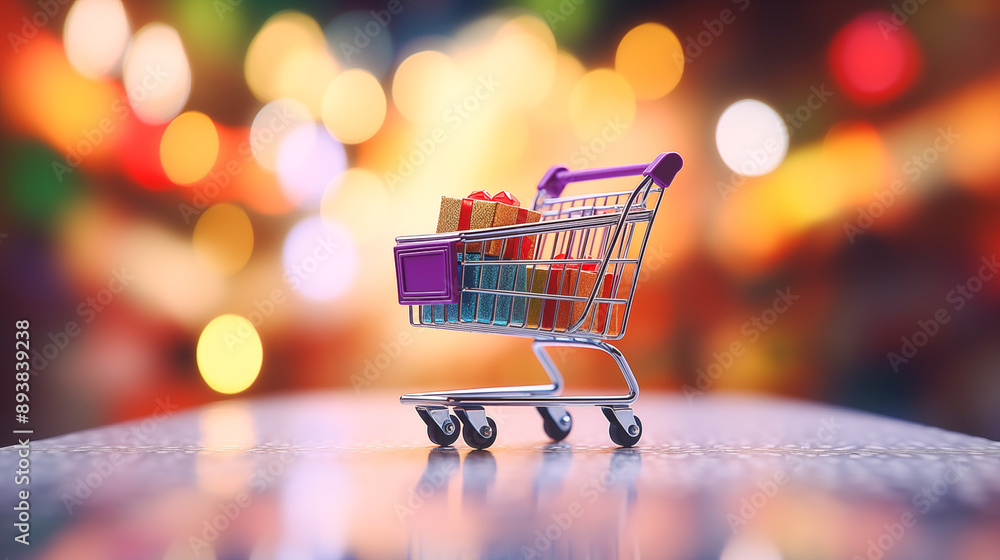 Miniature Shopping Cart with Gift Boxes on a Table with Colorful Bokeh Shopping Concept Background Miniature Shopping Cart with Gift Boxes on a Table with Colorful Bokeh Shopping Concept Background