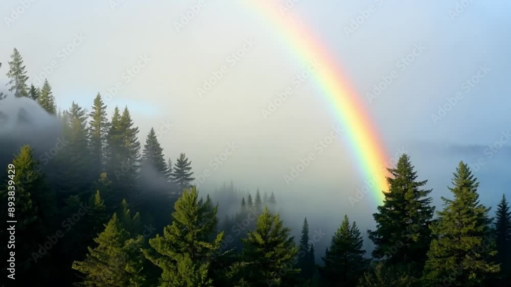This bright rainbow shines through a misty forest, revealing a picturesque scene. This bright rainbow shines through a misty forest, revealing a picturesque scene.