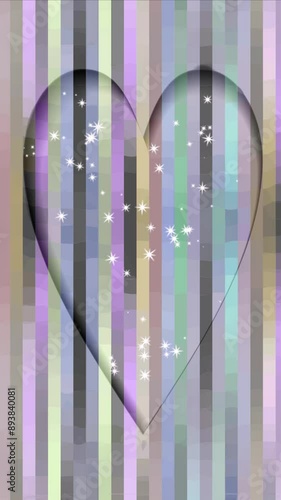 Cut-out heart, pixelated background in soft pastel colors, tiny stars inside the heart