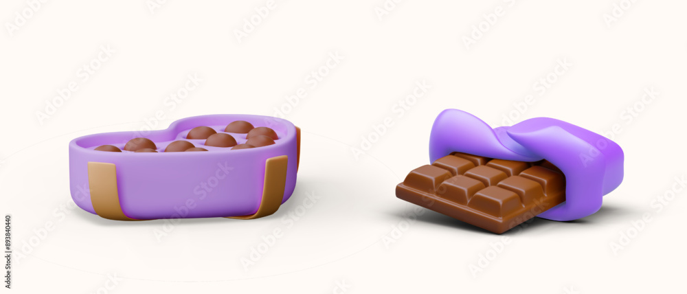 Open box with round chocolates, chocolate bar and unfolded wrapper Open box with round chocolates, chocolate bar and unfolded wrapper