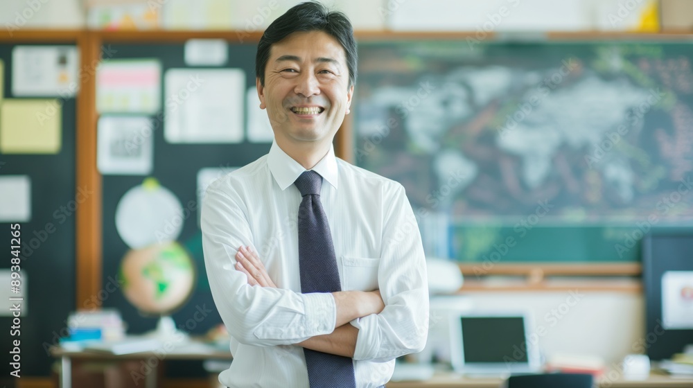 Confident MiddleAged Japanese Teacher Smiling in Classroom with World Map Background, Education Concept Confident MiddleAged Japanese Teacher Smiling in Classroom with World Map Background, Education Concept