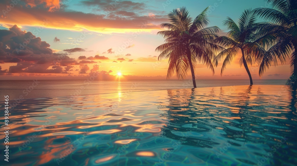 A Tranquil Pool Reflecting a Vivid Sunset Over the Ocean with Palm Trees Silhouetted Against the Sky A Tranquil Pool Reflecting a Vivid Sunset Over the Ocean with Palm Trees Silhouetted Against the Sky