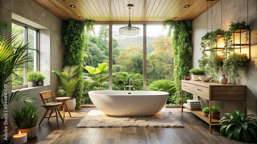 Serene Bathroom with Freestanding Tub and Nature-Inspired Decor, interior of a bathroom Serene Bathroom with Freestanding Tub and Nature-Inspired Decor, interior of a bathroom