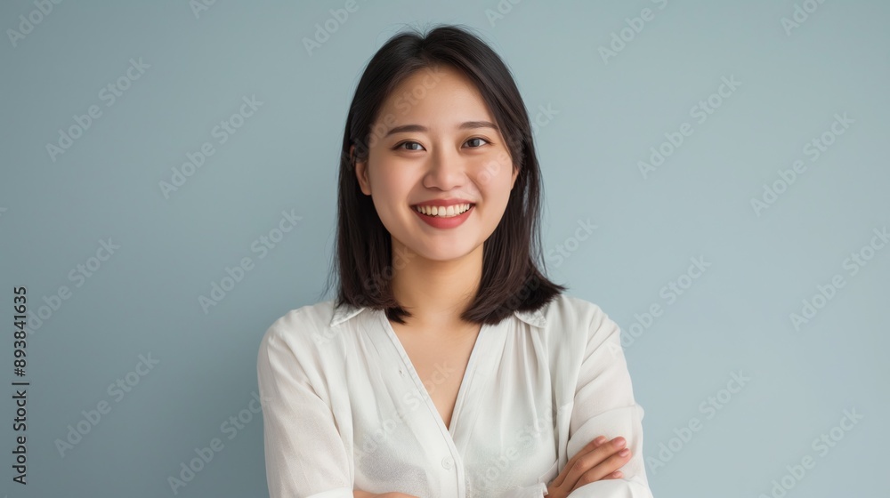 Confident Young East Asian Woman in White Shirt Smiling with Arms Crossed Portrait against Blue Background for Professional Use Confident Young East Asian Woman in White Shirt Smiling with Arms Crossed Portrait against Blue Background for Professional Use