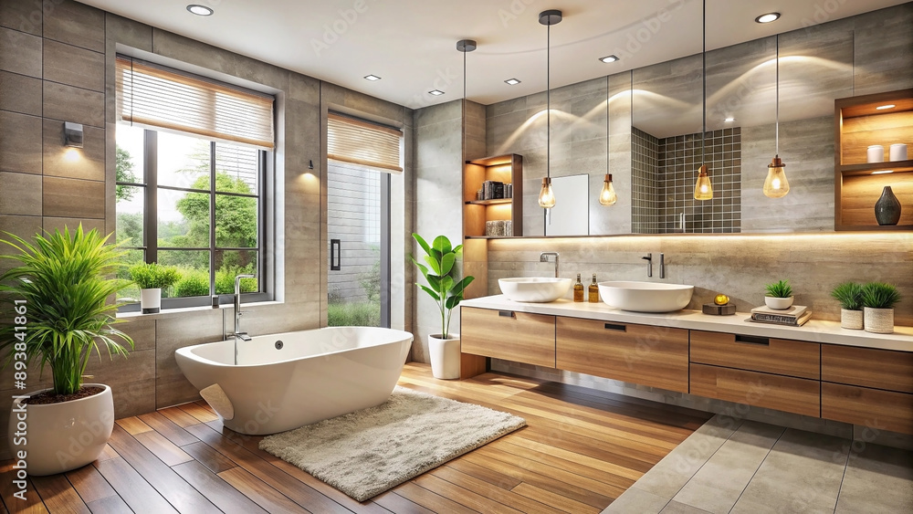 Stylish Bathroom with Modern Fixtures and Spa-Like Atmosphere, bathroom interior with bathtub Stylish Bathroom with Modern Fixtures and Spa-Like Atmosphere, bathroom interior with bathtub