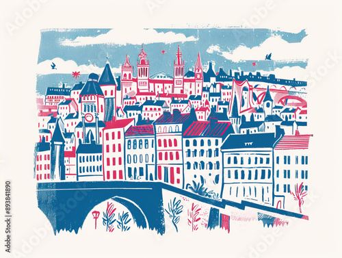 Risograph trendy riso print travel poster, card, wallpaper or banner illustration, modern, isolated, clear, simple of Lyon, France. Artistic, screen printing, retro, vintage