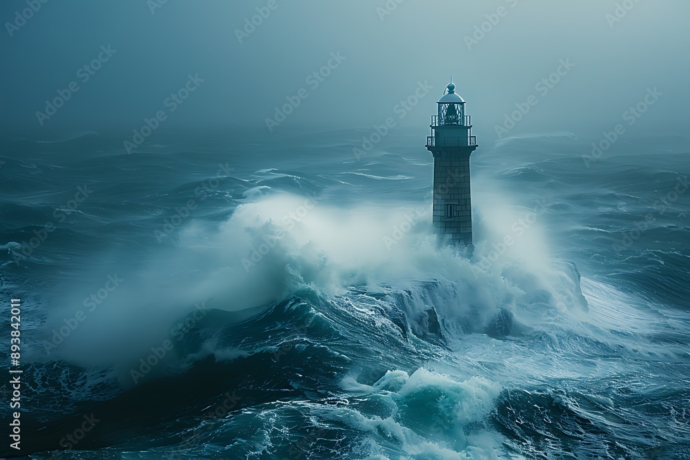 A Light of Hope: Solitary Lighthouse Braving a Tempestuous Ocean and Dark Clouds A Light of Hope: Solitary Lighthouse Braving a Tempestuous Ocean and Dark Clouds