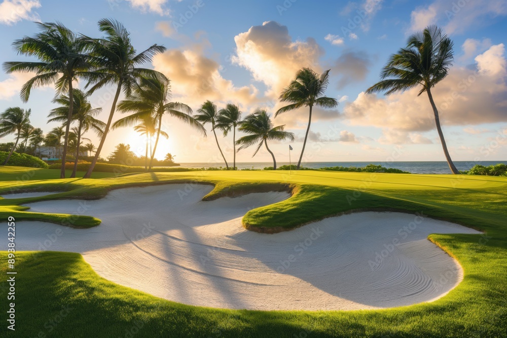 A photo of a golf course in the Caribbean, with green grass, the green and flag, and a sand bunker in the background, palm trees. Golf and leisure concept. A photo of a golf course in the Caribbean, with green grass, the green and flag, and a sand bunker in the background, palm trees. Golf and leisure concept.