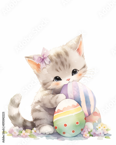 Easter greeting card with copy space. Kawaii fluffy kitten sits among colorful easter eggs in grass. Spring postcard with cute cat for religious holiday. Watercolor style.