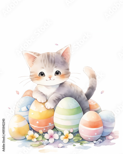 Easter greeting card with copy space. Kawaii fluffy kitten sits among colorful easter eggs in grass. Spring postcard with cute cat for religious holiday. Watercolor style.
