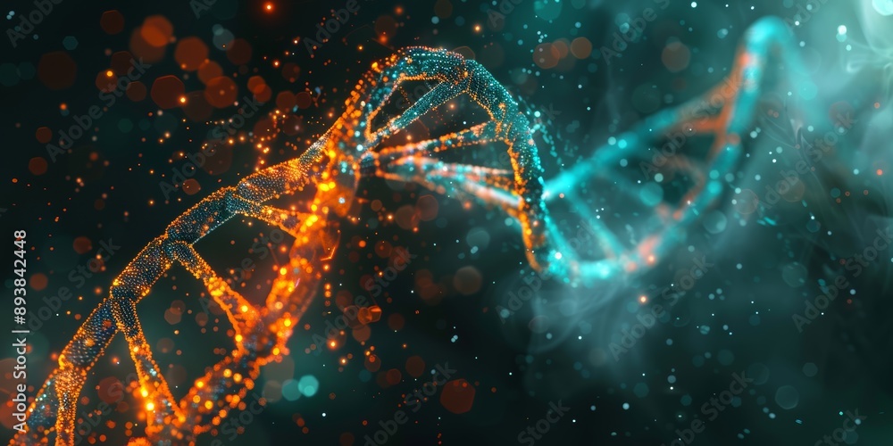 DNA double helix with glowing particles on dark background, turquoise and orange color scheme, highly detailed DNA double helix with glowing particles on dark background, turquoise and orange color scheme, highly detailed