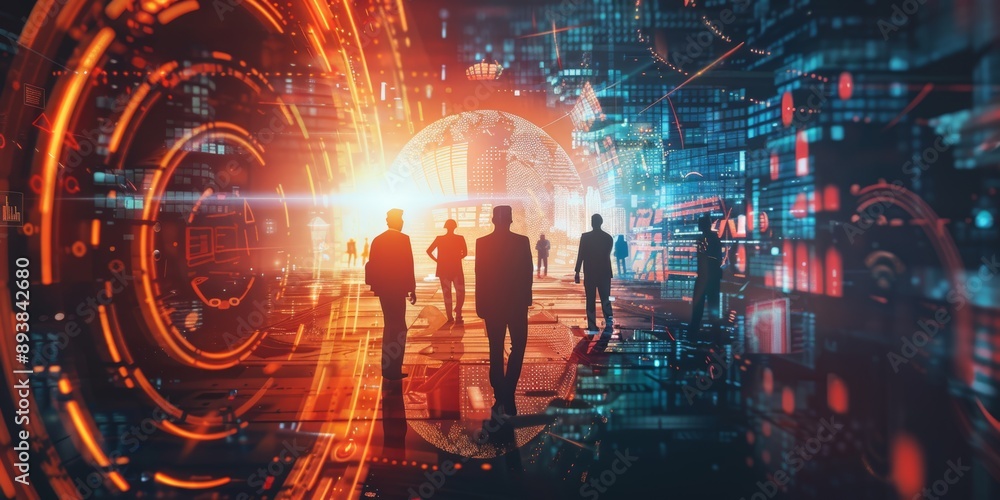 Group of multinational people and technology. Digital transformation. Wide angle visual for banners Group of multinational people and technology. Digital transformation. Wide angle visual for banners