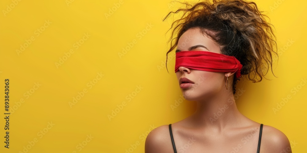 Portrait of a young woman with a blindfold on yellow background with copy space Portrait of a young woman with a blindfold on yellow background with copy space