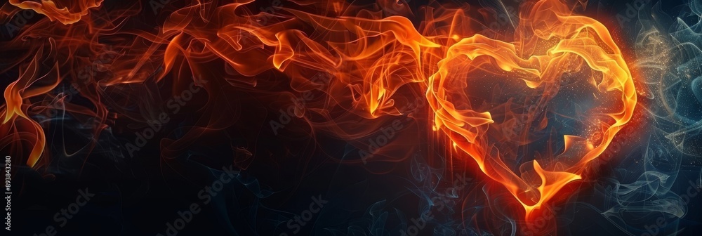 Fototapeta premium Fire heart flame love passion abstract smoke valentine background hot. Heart flame fire black burn 