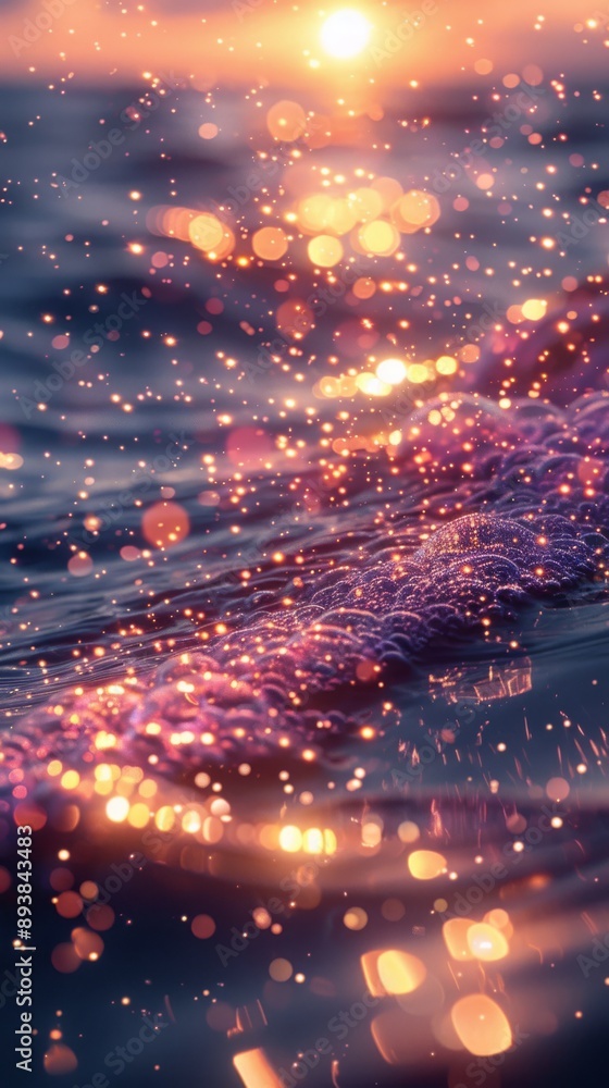 Fototapeta premium Sunset over ocean with sparkling bokeh effects.