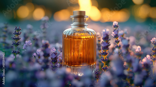 Elegant perfume made from lavender oil in a field of lavender