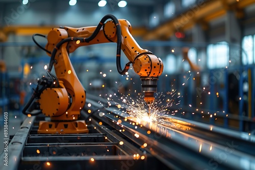High-Tech Robotics: Automated Arm Welding Metal Beams with Fiery Sparks in Modern Factory