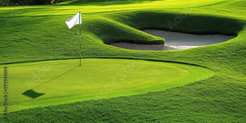 A photo of a golf course in the UK, with green grass, the green and flag, and a sand bunker in the background. Golf and leisure concept.