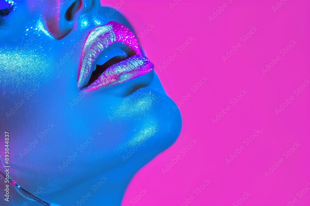 fashion model with metallic silver lips in colorful bright neon blue and purple lights fashion model with metallic silver lips in colorful bright neon blue and purple lights