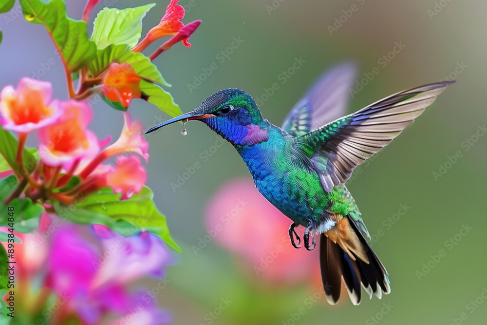 Obraz premium A vibrant hummingbird with iridescent blue and green feathers is hovering in mid-air, sipping nectar from a cluster of pink flowers