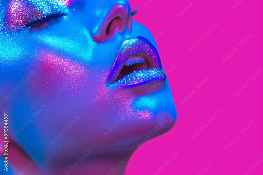 fashion model with metallic silver lips in colorful bright neon blue and purple lights fashion model with metallic silver lips in colorful bright neon blue and purple lights