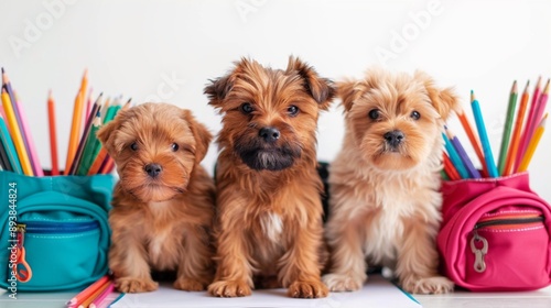 Three cute puppies sit between colorful pencil pouches, looking straight into the camera