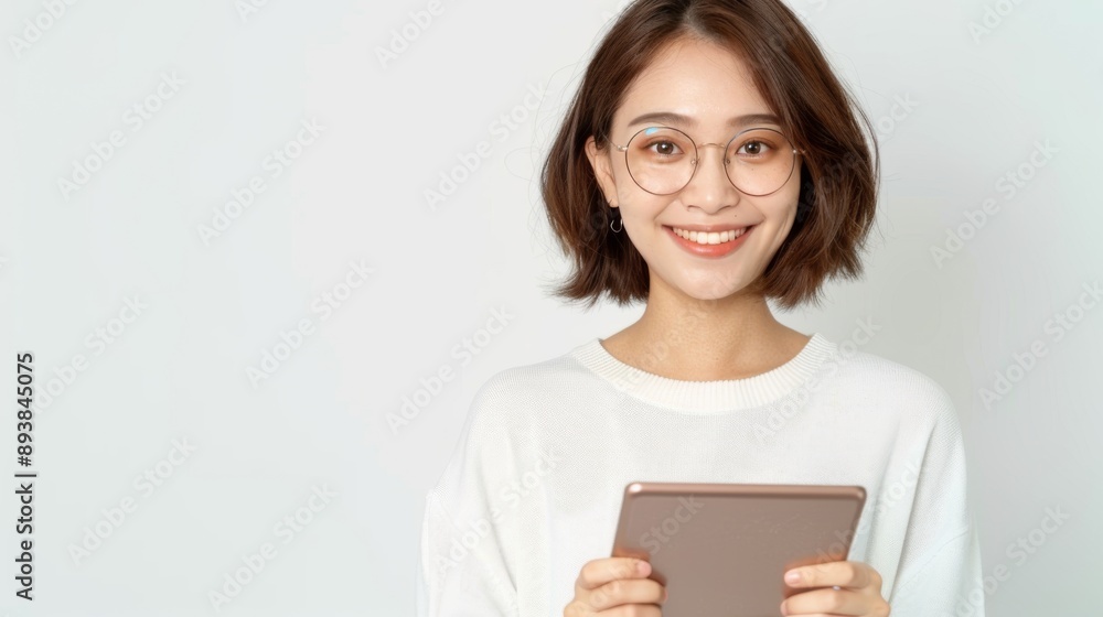 young asian woman in glasses, smiling and holding digital tablet young asian woman in glasses, smiling and holding digital tablet