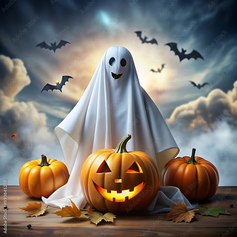 Halloween pumpkin head burning candles Spooky Forest with a full moon and wooden table Halloween pumpkin head burning candles Spooky Forest with a full moon and wooden table