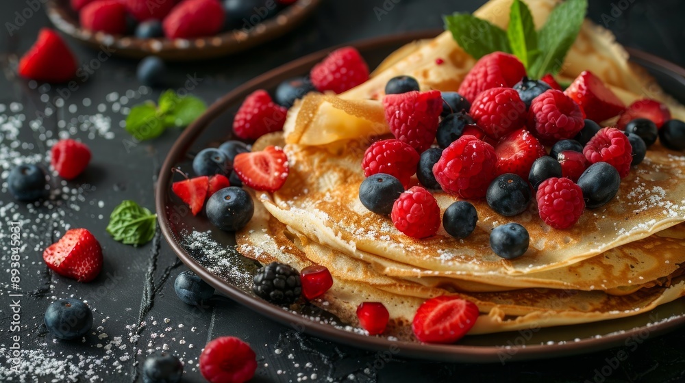 A plate of crepes topped with fresh berries and powdered sugar A plate of crepes topped with fresh berries and powdered sugar