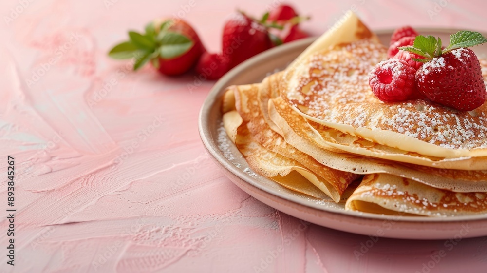A stack of thin golden crepes dusted with powdered sugar and topped with fresh berries A stack of thin golden crepes dusted with powdered sugar and topped with fresh berries