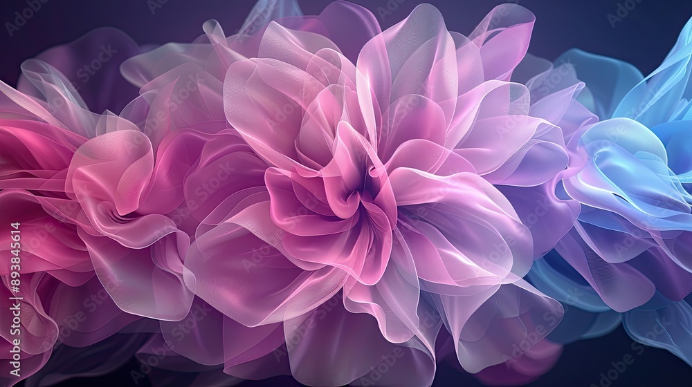 Surreal 3D floral shapes with transparent elements, forming an ethereal background Surreal 3D floral shapes with transparent elements, forming an ethereal background