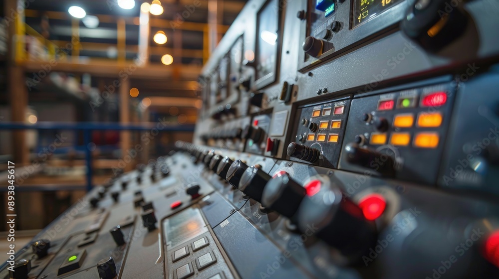 Control panel with digital displays and switches in a factory Control panel with digital displays and switches in a factory