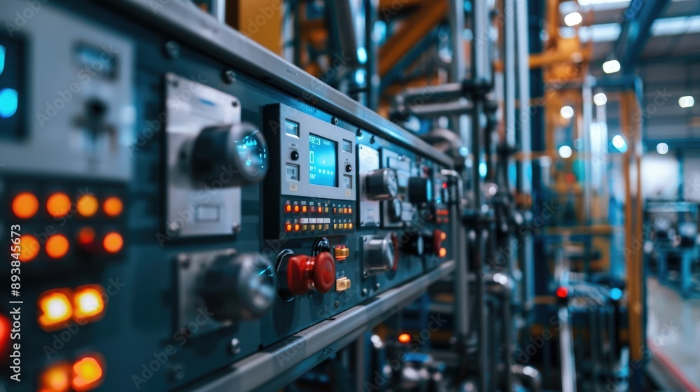 Control panel with digital displays and switches in a factory Control panel with digital displays and switches in a factory