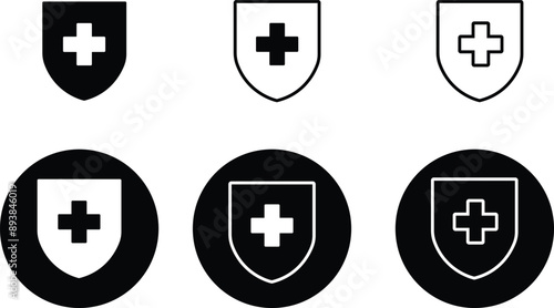 Medical health protection shield cross icons set. Protected shield concept. Safety badge vector. Privacy metal banner shield. Security safeguard metal label. Presentation chrome sticker shape.