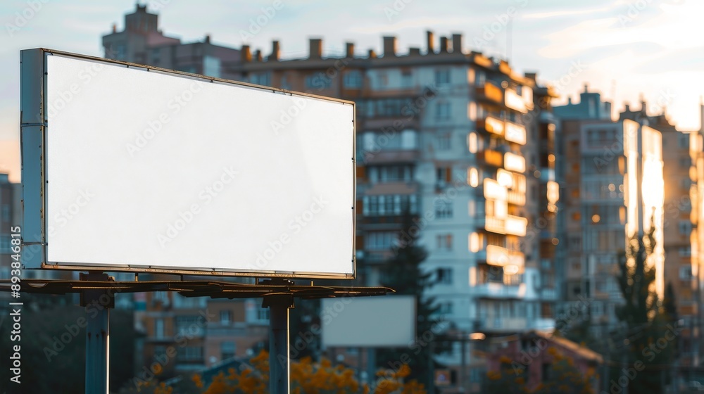 A blank billboard in front of a cityscape at sunset A blank billboard in front of a cityscape at sunset